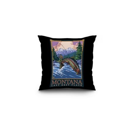 Montana, Last Best Place - Angler Fly Fishing Scene (Leaping Trout) - Lantern Press Original Poster (16x16 Spun Polyester Pillow, Black
