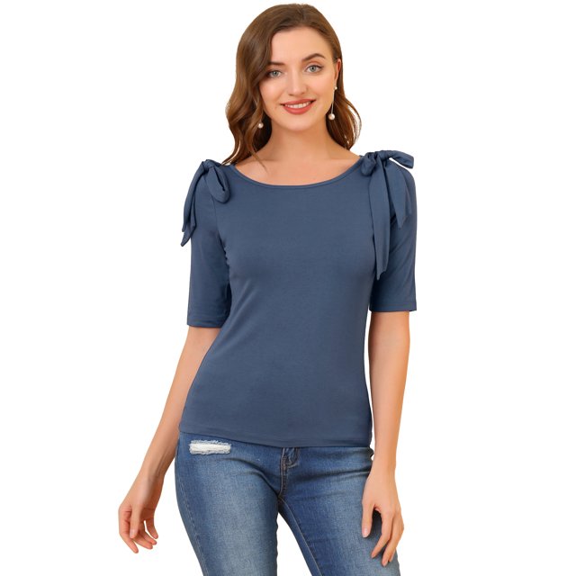 Camisa de manga corta con cuello barco para mujer Blusa Top de verano Azul L