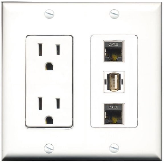 RiteAV - 15 Amp Power Outlet 1 Port USB A-A 2 Port Shielded Cat6 Ethernet Ethernet Decorative Wall Plate