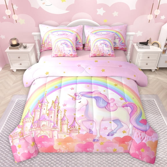jejeloiu Kawaii Unicorn 7pcs Bedding Comforter Set,Gold Stars Colorful Rainbow Queen Bedding Sets,Chic Dreamy Castle Queen Sheet Sets For Girl,Breathable Home Decor Reversible