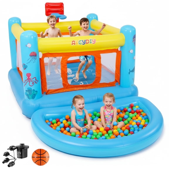 Qhomic Inflatable Bounce House with Blower, Indoor/Outdoor Bouncy Castle Featuring a Jumping Area, Basketball Hoop, Ball Pool/Water Pool, Jumping House Suitable for Ages 3-6