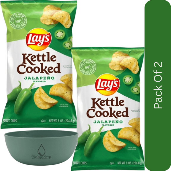 Lay’s Kettle Cooked Jalapeno Potato Chips – 8 oz Bag, Crunchy Spicy Snack With Olive Green Bowl By ValueNest