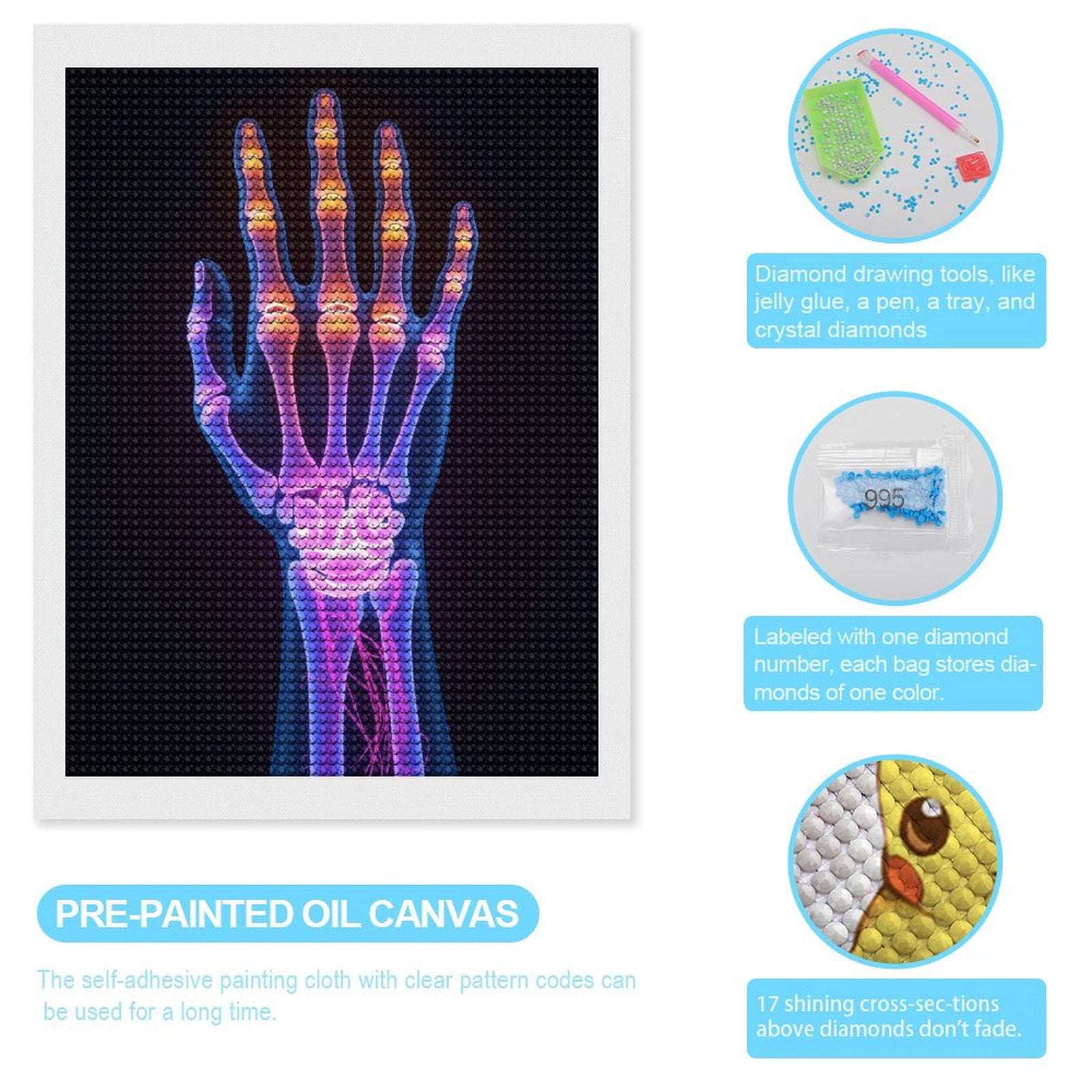 Diamond Art Kits for Adults, X Ray Hand Illuminated Anatomy 5D Diamond Painting Kits for Adults Beginners, DIY Full Drill Diamond Painting, Gem Art and Crafts 12x16