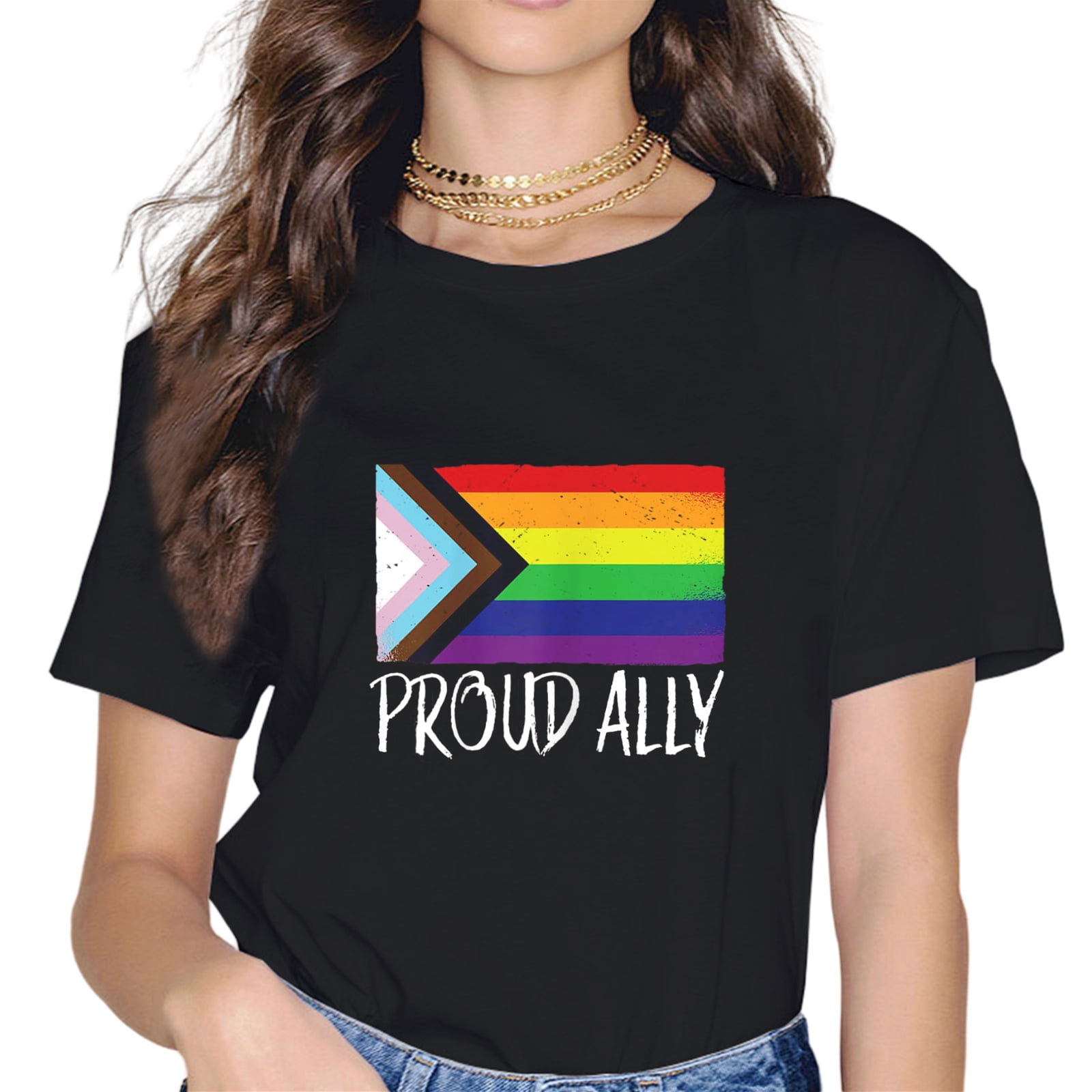 Proud Ally Pride Month LGBTQ Women Fashion Casual Round Neck Black