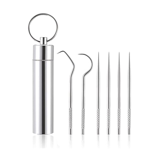 Vogacara Office Hotel Adults Portable Stainless Steel Pick Mouthcare Travel Tooth Pinicing Tool Toothpicks Cleaning Camping Personal cuidado de los oídos 6 piezas/juego Vogacara BFH000179-06
