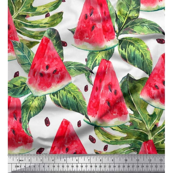 Soimoi Cotton Poplin Fabric Monstera Leaves & Watermelon Fruits Printed Fabric 1 Yard 56 Inch Wide