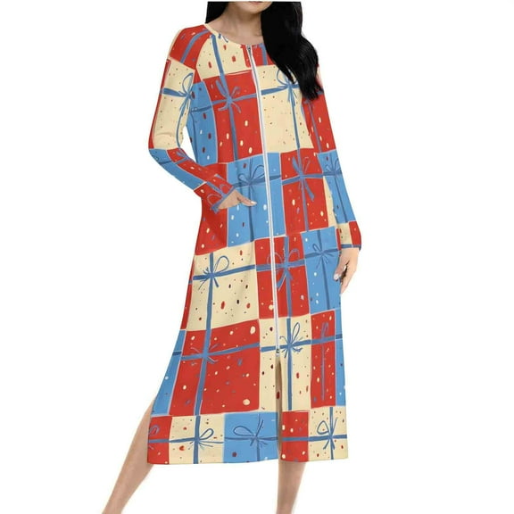 Long Zip Up Robes for Women,Christmas Snowflake Pajama Long Sleeve Nightgowns with Pocket Soft Housecoats for Plus Size Knee Length Loungewear Dresses