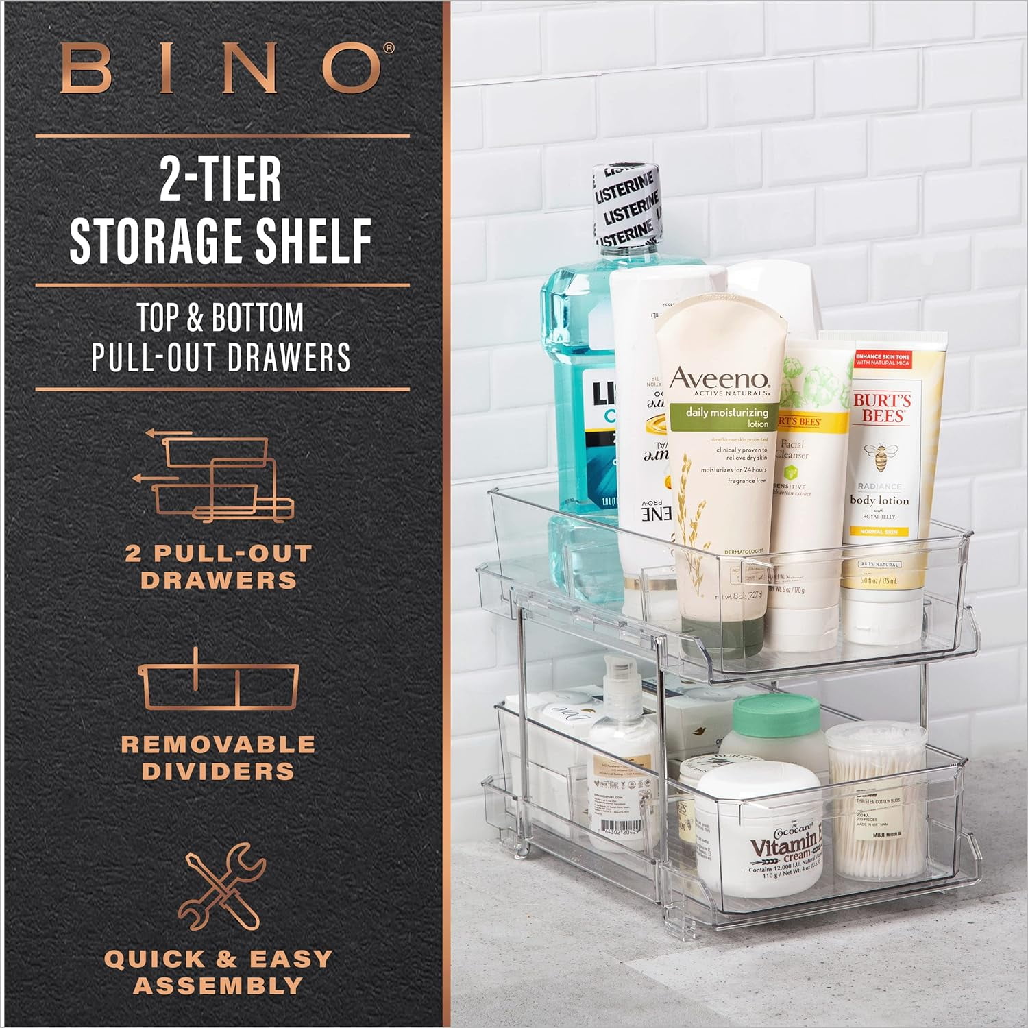 RGHJAR-2 Tier Clear Storage Organizer with Dividers | Slide Out Drawer for Under Sink or Medicine Cabinet | Bathroom Closet, Vanity, Pantry Organizer | Under Cabinet Storage for Bathroom and Kitchen
