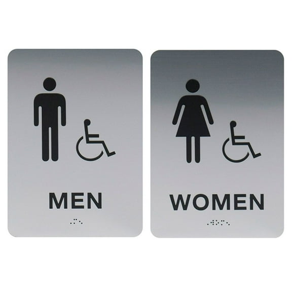 Men And Women ADA Restroom Sign Set / Modern Chic Bathroom Braille Sign Set Silver/Black