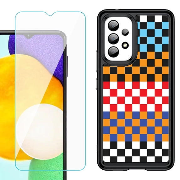 Shockproof Bumper (Black Frame) phone Case for Samsung Galaxy A23 5G, with Tempered Glass Screen Protector, by OneToughShield ® - Colorful Checker