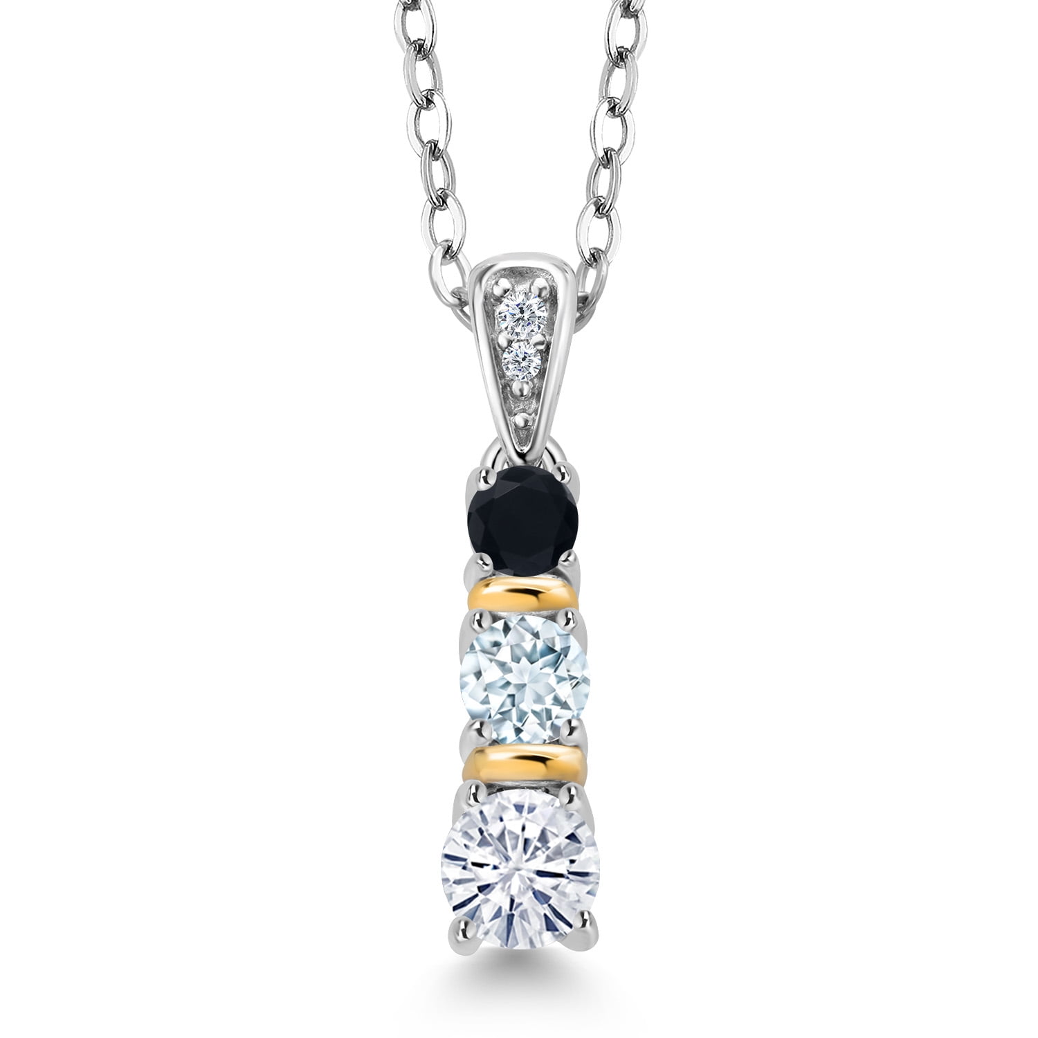Gem Stone King 925 Silver and 10K Yellow Gold Round White Moissanite Sky Blue Aquamarine and Black Onyx Pendant Necklace for Women (0.50 Cttw, Gemstone, with 18 inch Chain)