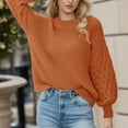 thumbnail image 4 of UJNDER Crewneck Long Sleeve Puff Sleeve Sweater for Women Casual Loose Knitted Pullover Orange XXL, 4 of 8