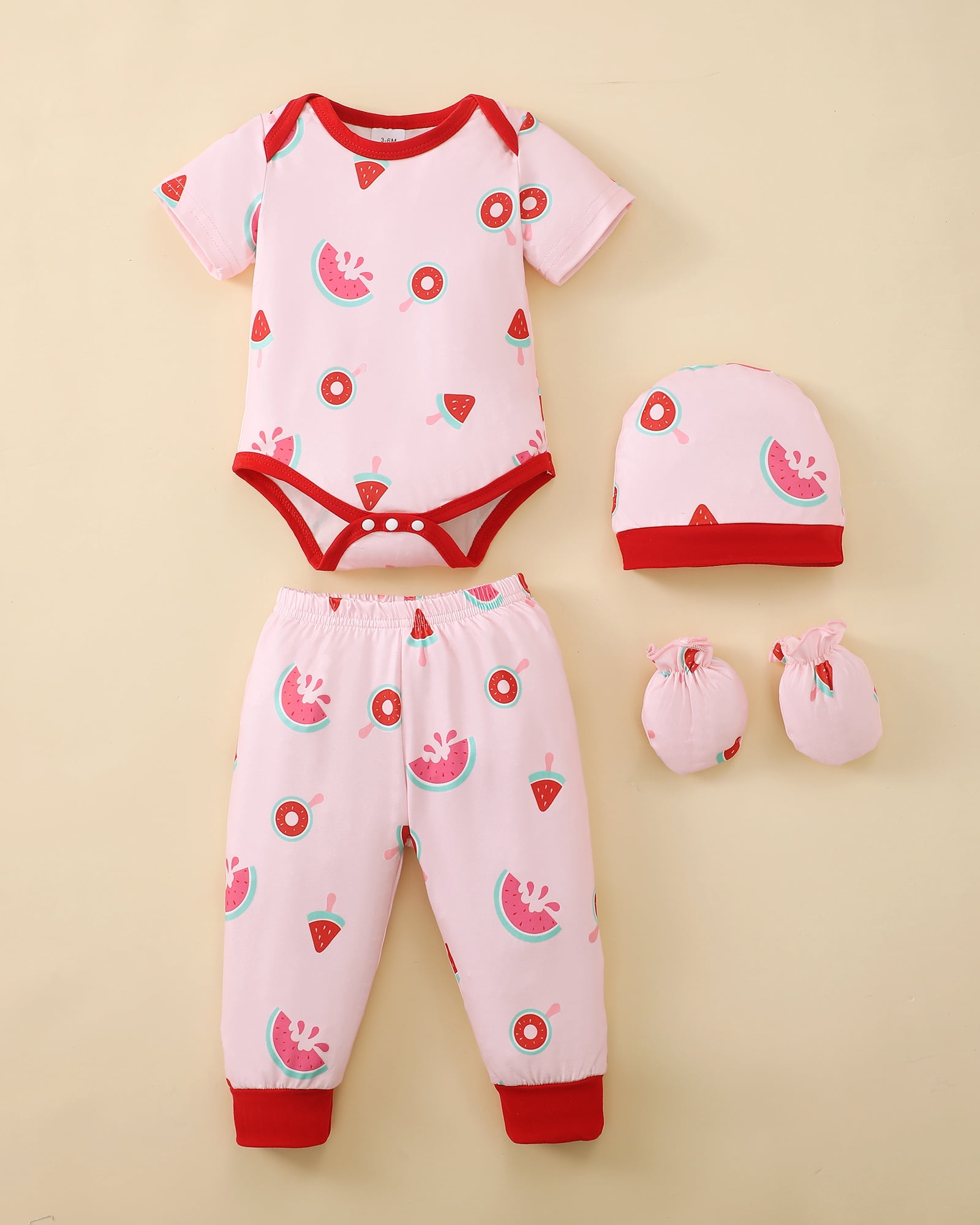 KIMI BEAR Newborn Baby Girls Summer Outfits 0-3 Months 4-Pack Layette Set Short Sleeves Romper Top Strawberry Watermelon Floral Pants Set Hat Gloves 16Pcs Pink