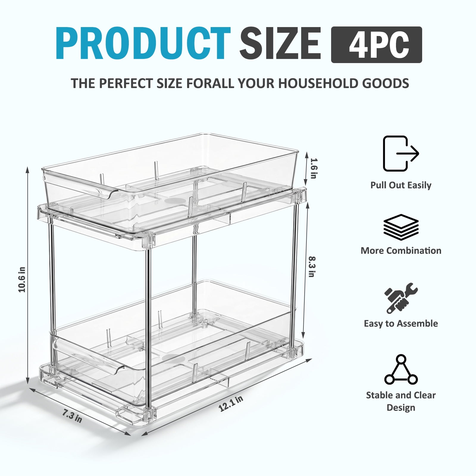 Bathroom Organizer, 4 Pack 2-Tier Clear Storage Container with Sliding Track, Under Sink & Countertop Organizer for Cabinet Drawers, Kitchen Pantry Organization
