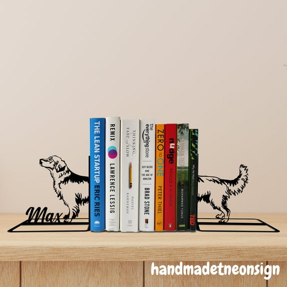 Handmadetneonsign Custom Golden Retriever Metal Bookends, Dog Pet Name Bookend, Modern Bookend 69499