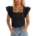 thumbnail image 2 of Lixiuxyad Women Basic Tee Women's Floral Print Short Sleeve Blouse Ruffle Hem Square Neck Tops Summer Fashion Casual Tunic Shirt For Ladies,Black, 2 of 6