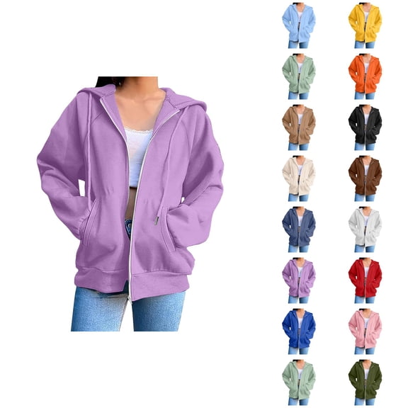 Plain Zip Up Hoodie for Women with Pockets Long Sleeve Basic Cardigan Hooded Sweatshirt Cardigan Outerwear