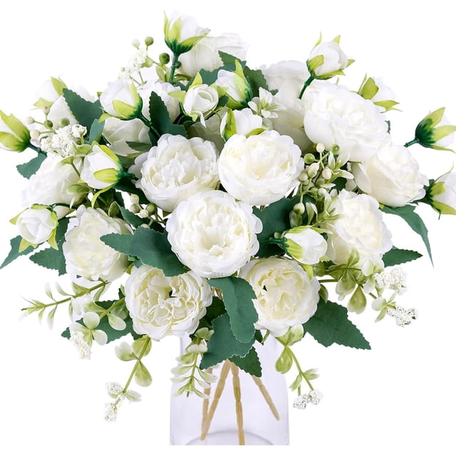 ramo de flores artificiales de rosa y peonía, flores blancas, ramo de peonía de seda utilizado para bodas, fiestas, arreglos florales en el centro de la mesa, decoración de la cocina del hogar, blanco