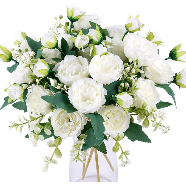 ramo de flores artificiales de rosa y peonía, flores blancas, ramo de peonía de seda utilizado para bodas, fiestas, arreglos florales en el centro de la mesa, decoración de la cocina del hogar, blanco