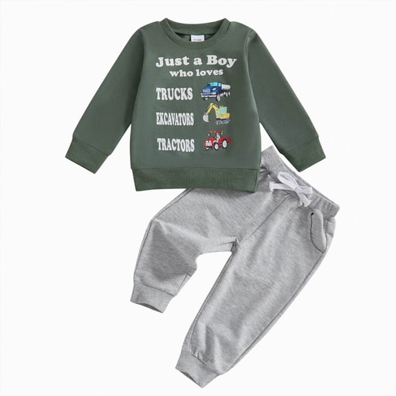 Gubotare Toddler Baby Boy Fall Winter Outfit Excavator Embroidered Long Sleeve Sweatshirt Elastic Jogger Pant 2 Pcs Clothes(Green,3-4 Years)