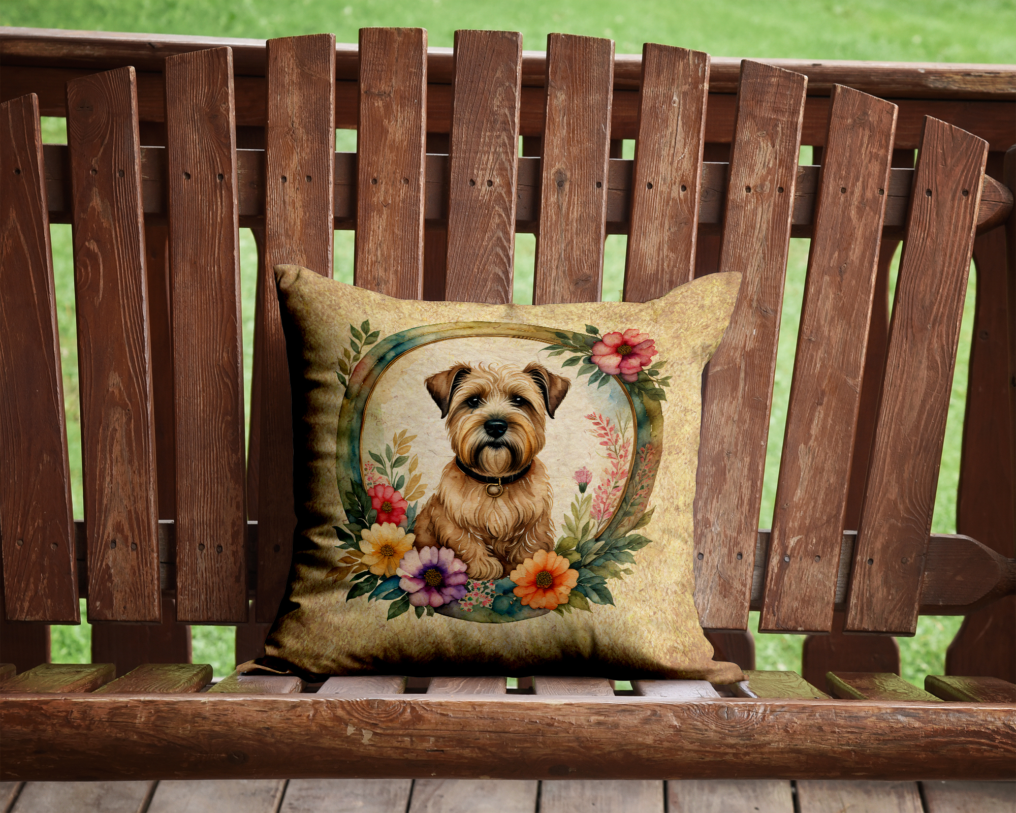 Wheaten Terrier and Flowers Fabric Decorative Pillow 14 in x 14 in