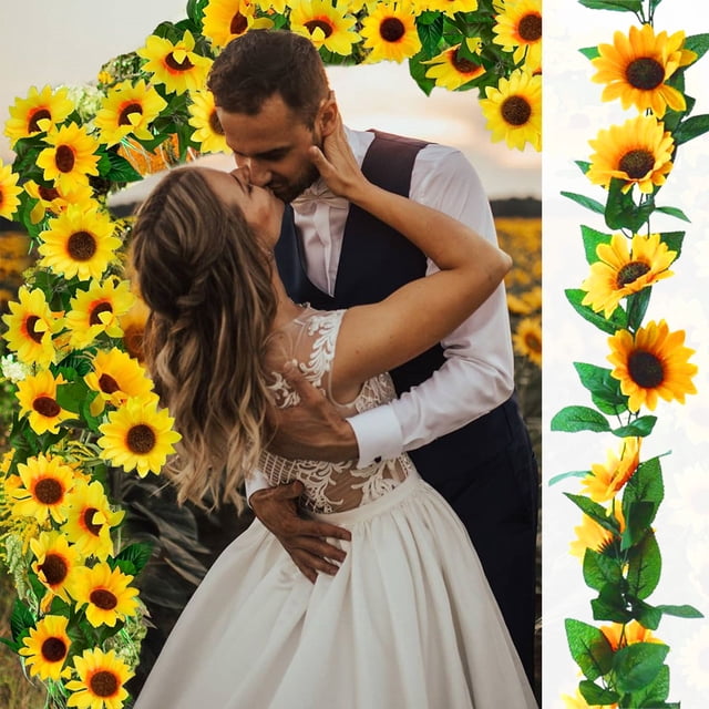 Guirnalda decorativa de girasoles | Paquete de 3 enredaderas artificiales de girasol de 2,3 m con hojas | Decoración floral primaveral de plástico amarillo para interiores, exteriores, puertas,