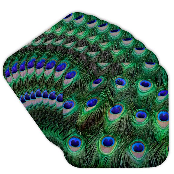 3drose, Eye Spots on Male Peacock Tail Feathers Fanned Out in Designed Pattern, Set of 8 Coasters - Soft