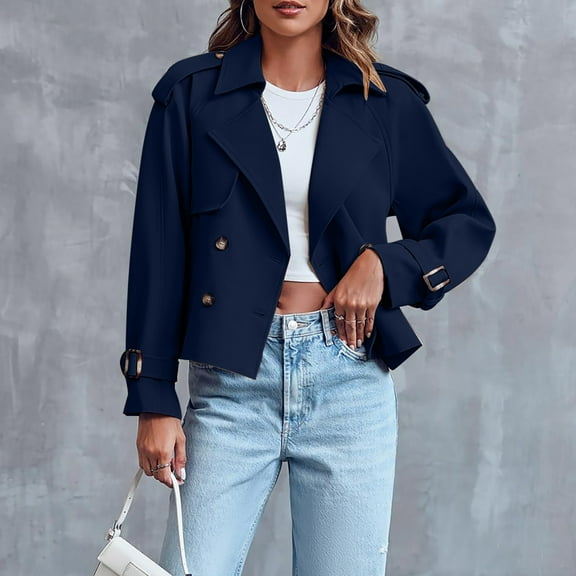 QUNYINEY Cropped Womens Tweed Coat Blue Double-Breasted Overcoat Loose Fit Long Sleeve Lightweight Lapel Collar Fall Jacket Women