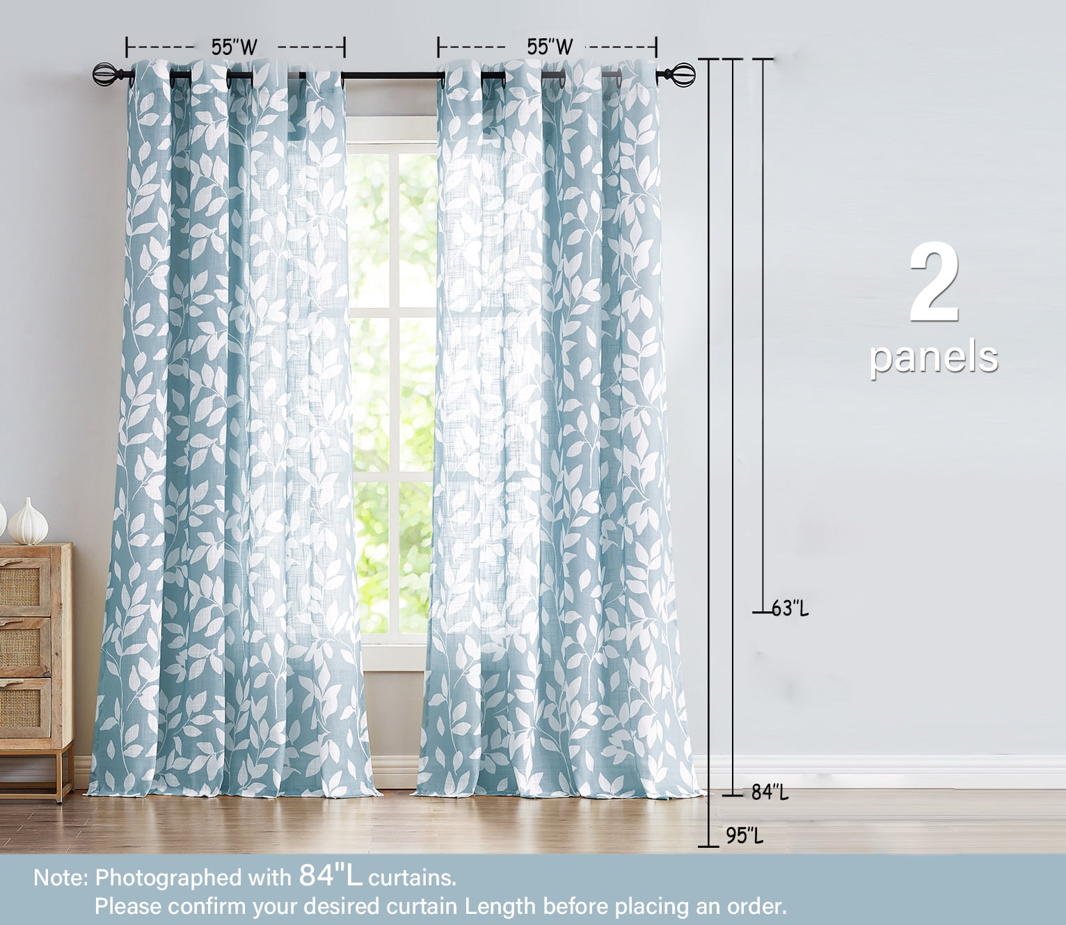 Exultantex Blue and White Semi Sheer Curtains for Kitchen Leaves Print Panels, 55"W x 63"L, Grommet Top, 2 Panels