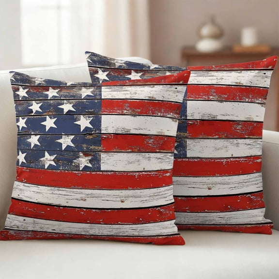 Pack of 2 Outdoor Pillow Covers,Waterproof American Flag Throw Pillow Covers,Red Blue Star Stripes Rustic Farmhouse Wood Decorative Pillowcases Cushion Covers Couch Pillow Sham Protector 24x24 Inch