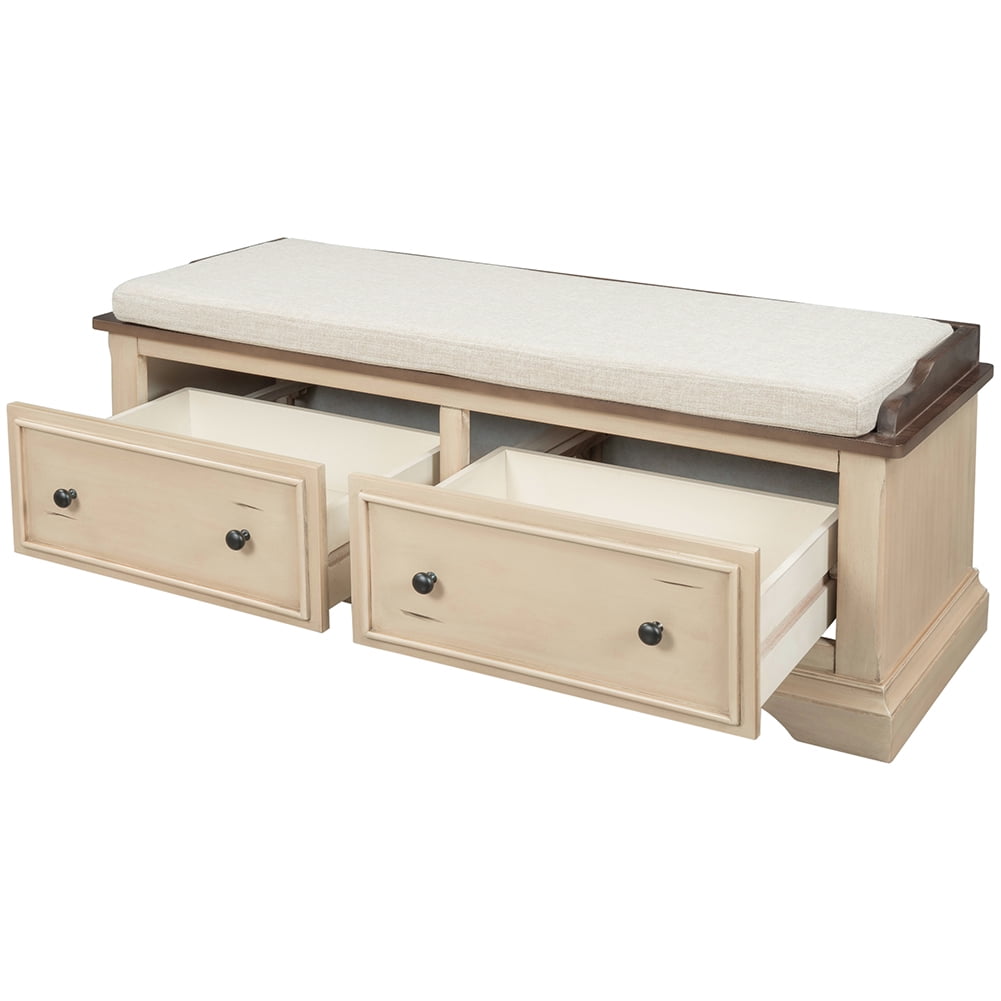 Lowestbest Collection Storage Bench, Solid Wood Shoe Bench with Two Large Drawers and Removable Cushion, Fully Assembled (Beige) Lowestbest Collection Storage Bench, Solid Wood Shoe Bench with Two Large Drawers and Removable Cushion, Fully Assembled (Beige)
