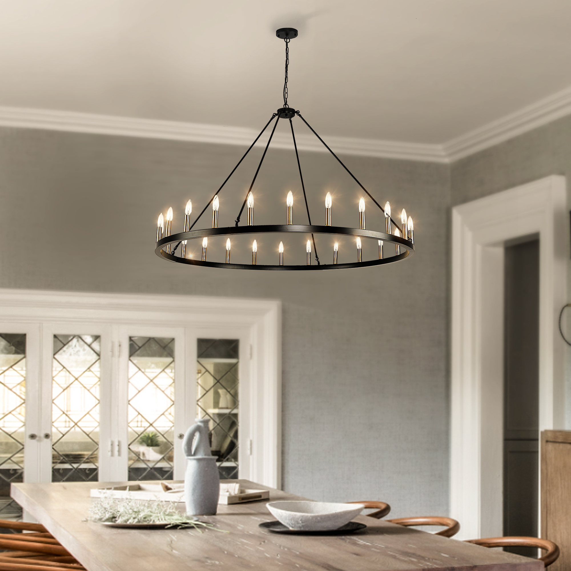 LovingAHome Black Gold Farmhouse Chandelier Metal, 54'' 24-lights Rustic Wagon Wheel Chandelier For Living Room Entryway
