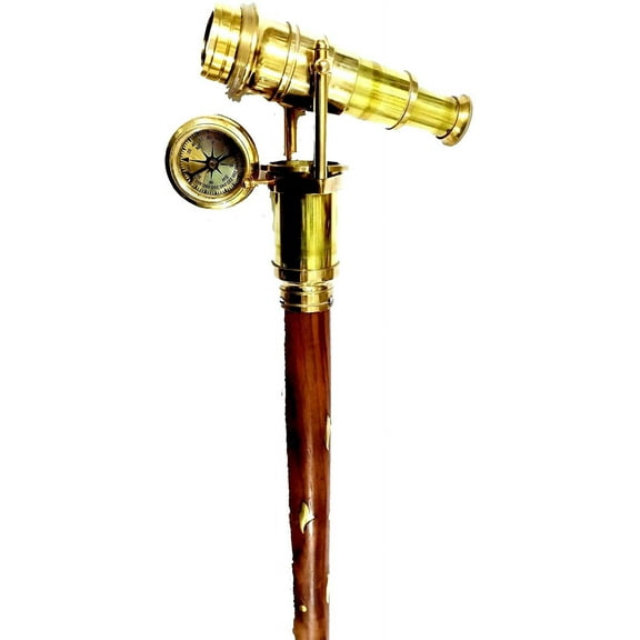 Handmade Nautical Brass Wooden Walking Cane Compass Stick Designer Brass Handle