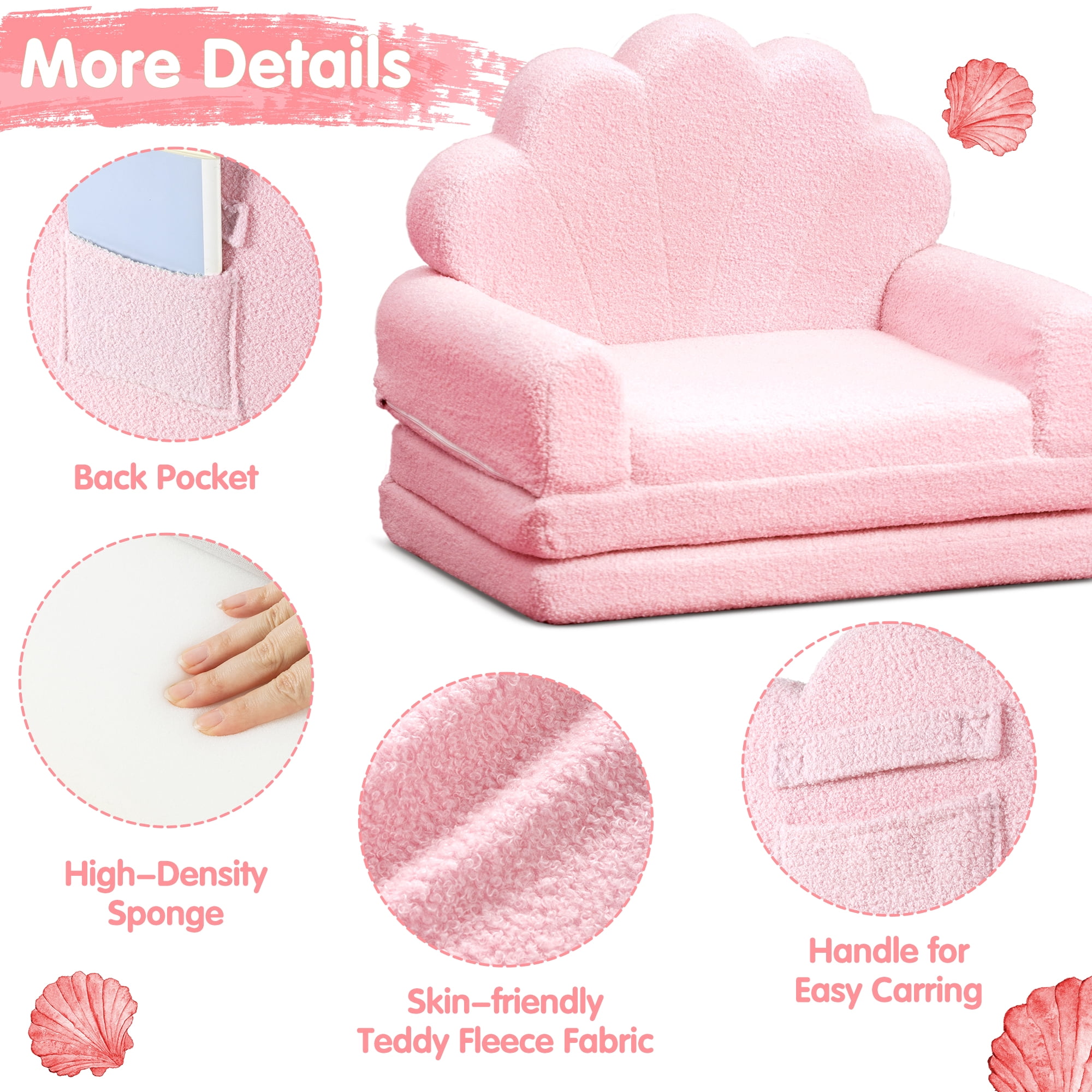 spanspace Kids Chairs for Toddler,Flip-Out 2-in-1 Convertible Chair to Lounger for Girls and Boys, Teddy Fleece Fabric, Pink