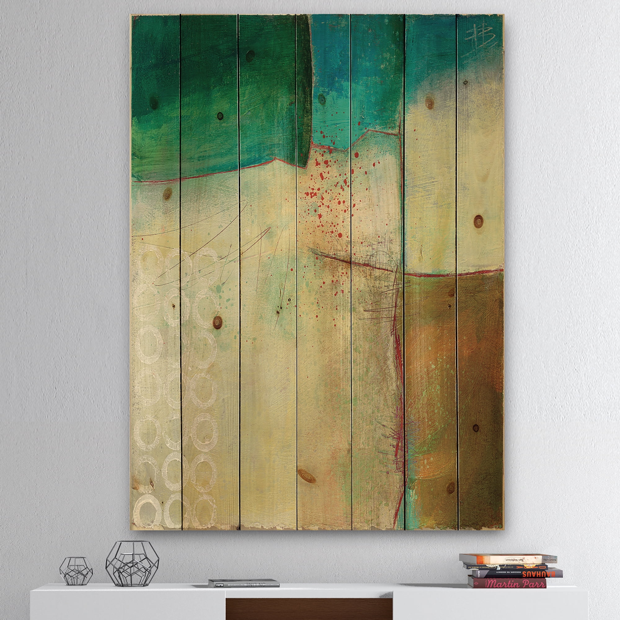 Designart 'Abstract Impression Of Watercolour Yellow and Blue' Traditional Print on Natural Pine Wood