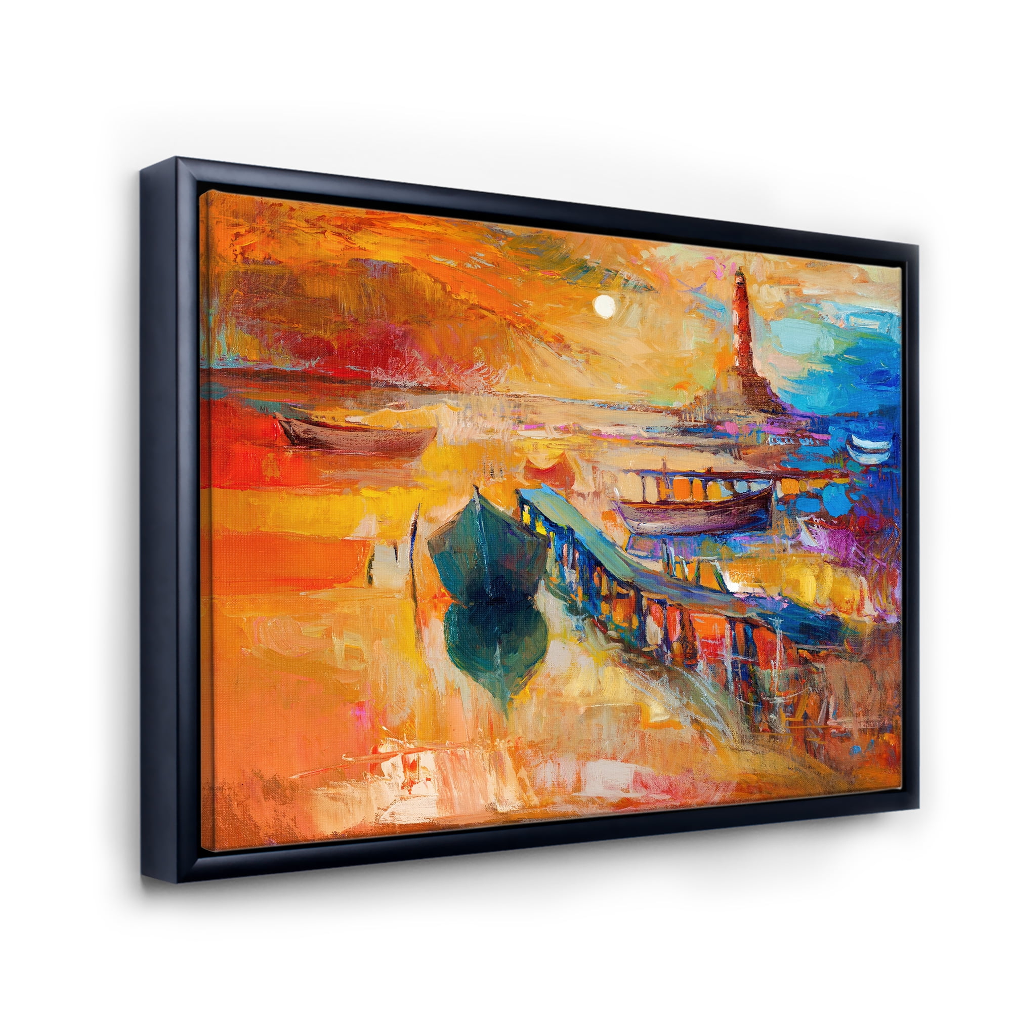 Boats Near Coastal Town Resting On The Water III 20 in x 12 in Framed Painting Canvas Art Print, by Designart