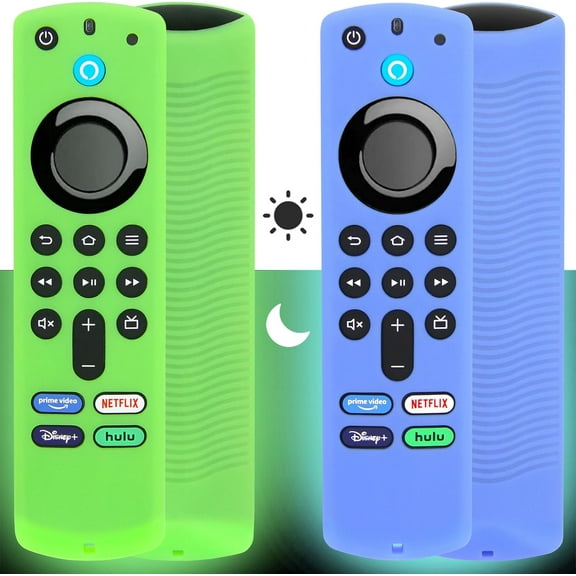 [2 Pack] Firestick Remote Cover Case (Glow in The Dark) Compatible with Firetv Stick Alexa Voice Remote 3rd Gen, Silicone Sleeve with Wrist Strap (Green & Blue)
