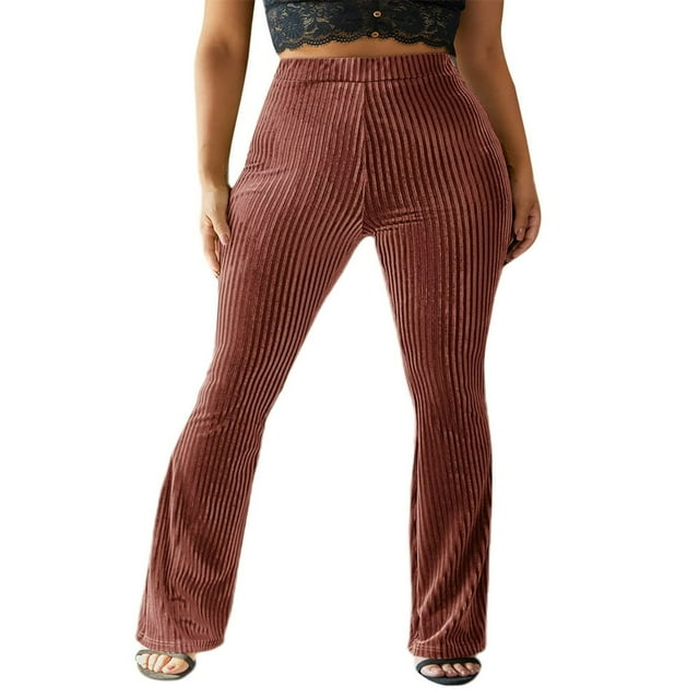 Women Elastic High Waisted Flare Bell Bottoms Pants Slim Velvet Ribbed Rib Knit Yoga Bootcut Leggings Red Wood XXL