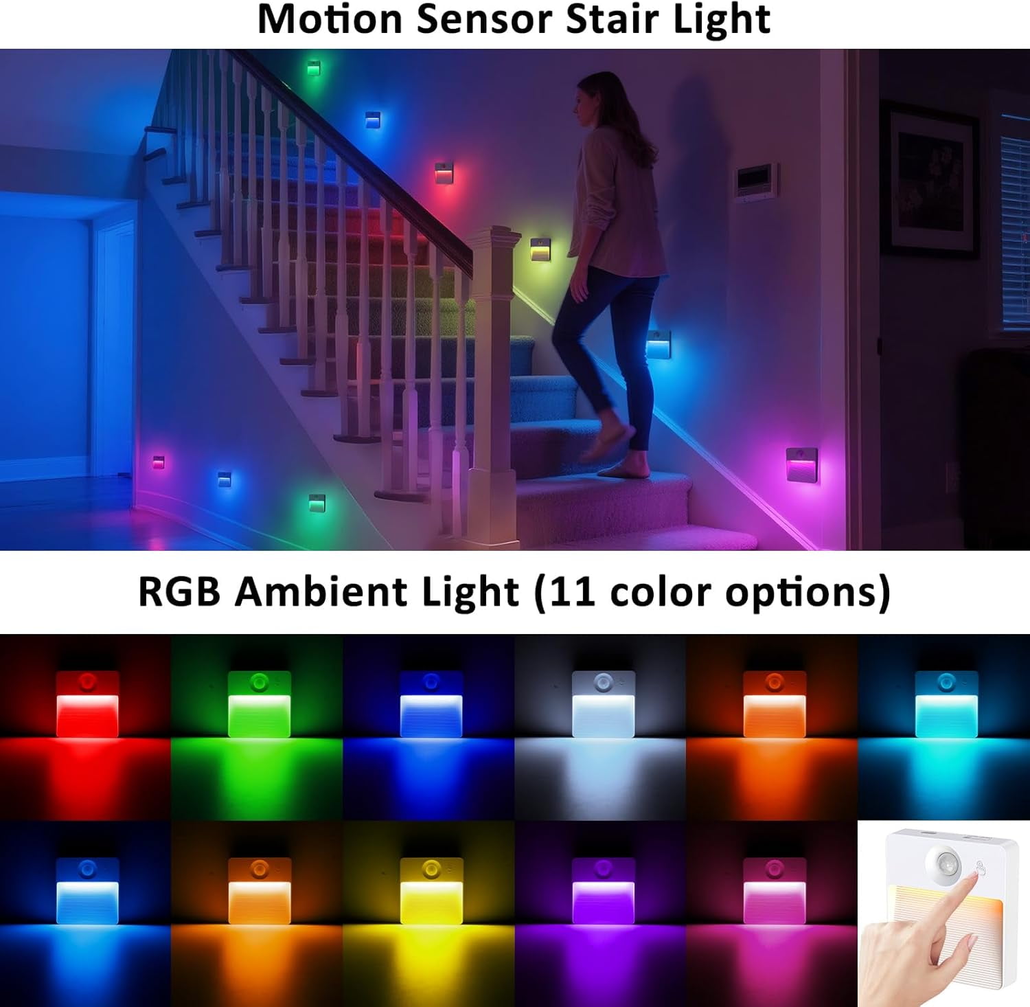 8 Sets RGBW Rechargeable Motion Sensor Stair Lights, Magnetic LED Lighting for Staircase, Closets & Bathrooms