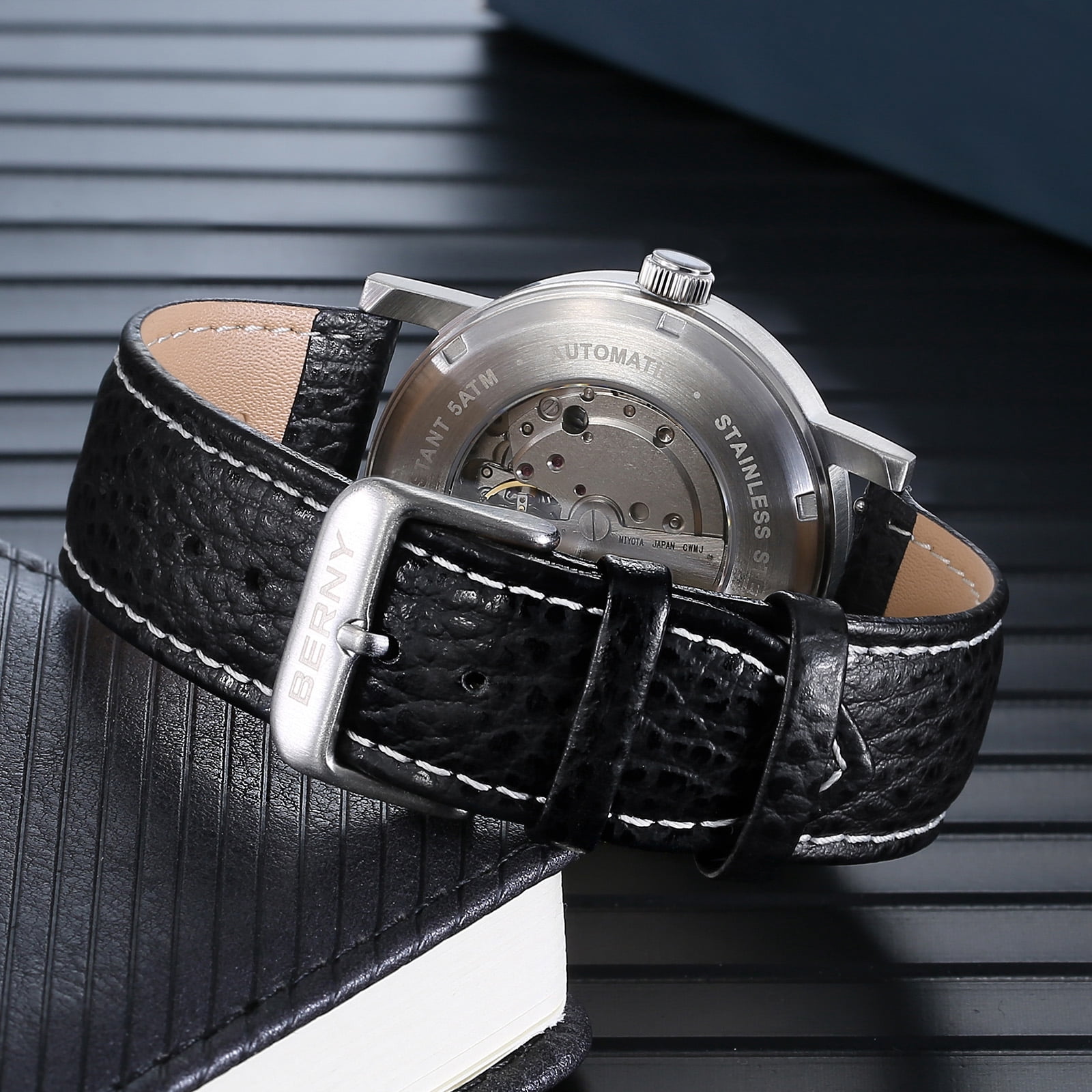 BERNY Automatic Watches for Men, Luxury Self Winding Mechanical Dress Leather Watch with Date, Sapphire Crystal, Luminous, Stainless Steel, 50M Waterproof, Minimalist Mens Watches (White)