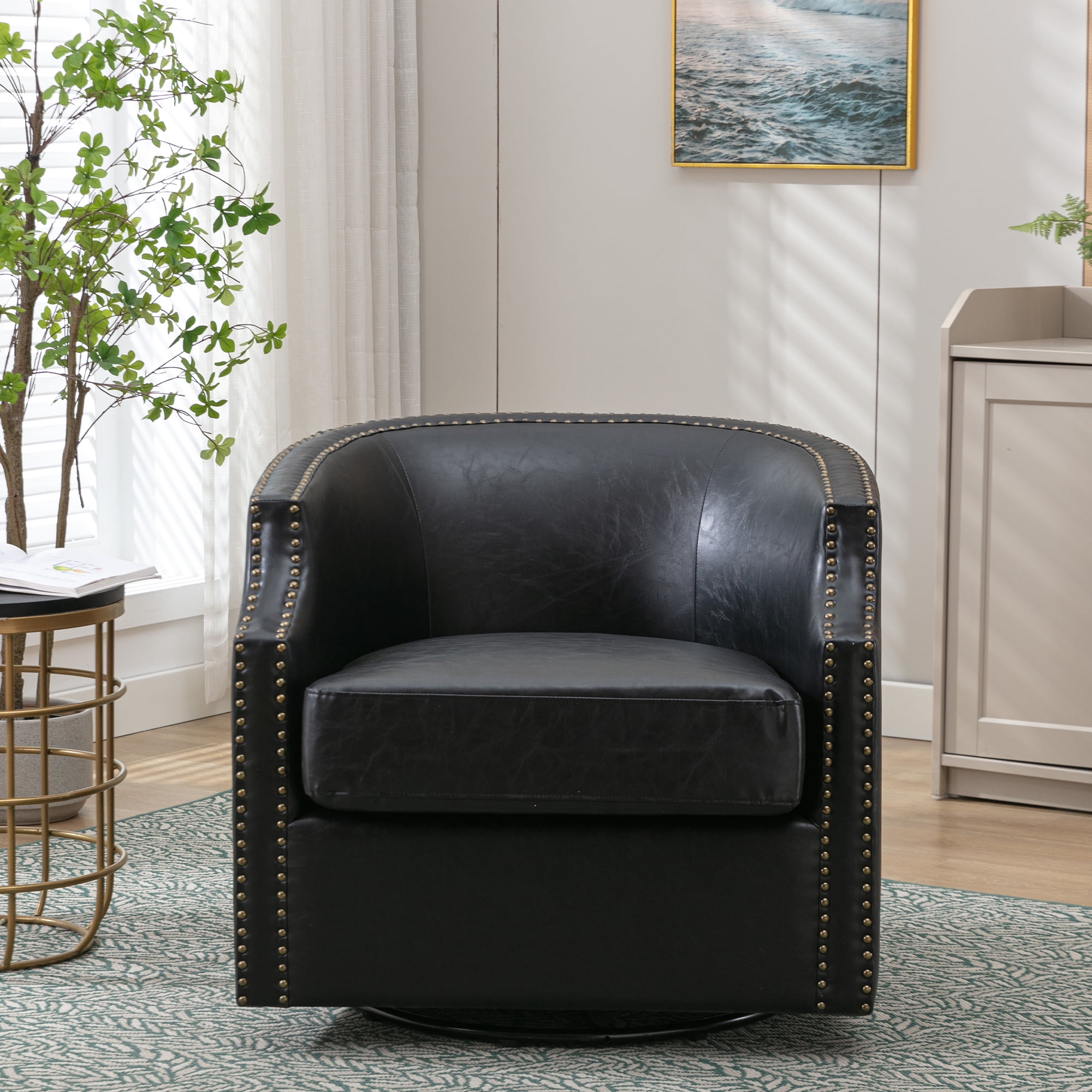 Lunale Leather Swivel Accent Barrel Chair, Club Chair Comfy Reading Armchair, Black