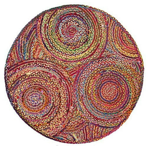 Indian Handwoven Braided Multi Color Cotton with Natural Jute Round Rugs ,Floor Decor Rugs Size 2 x 2 Feet Round ( 60 cm x 60 cm)