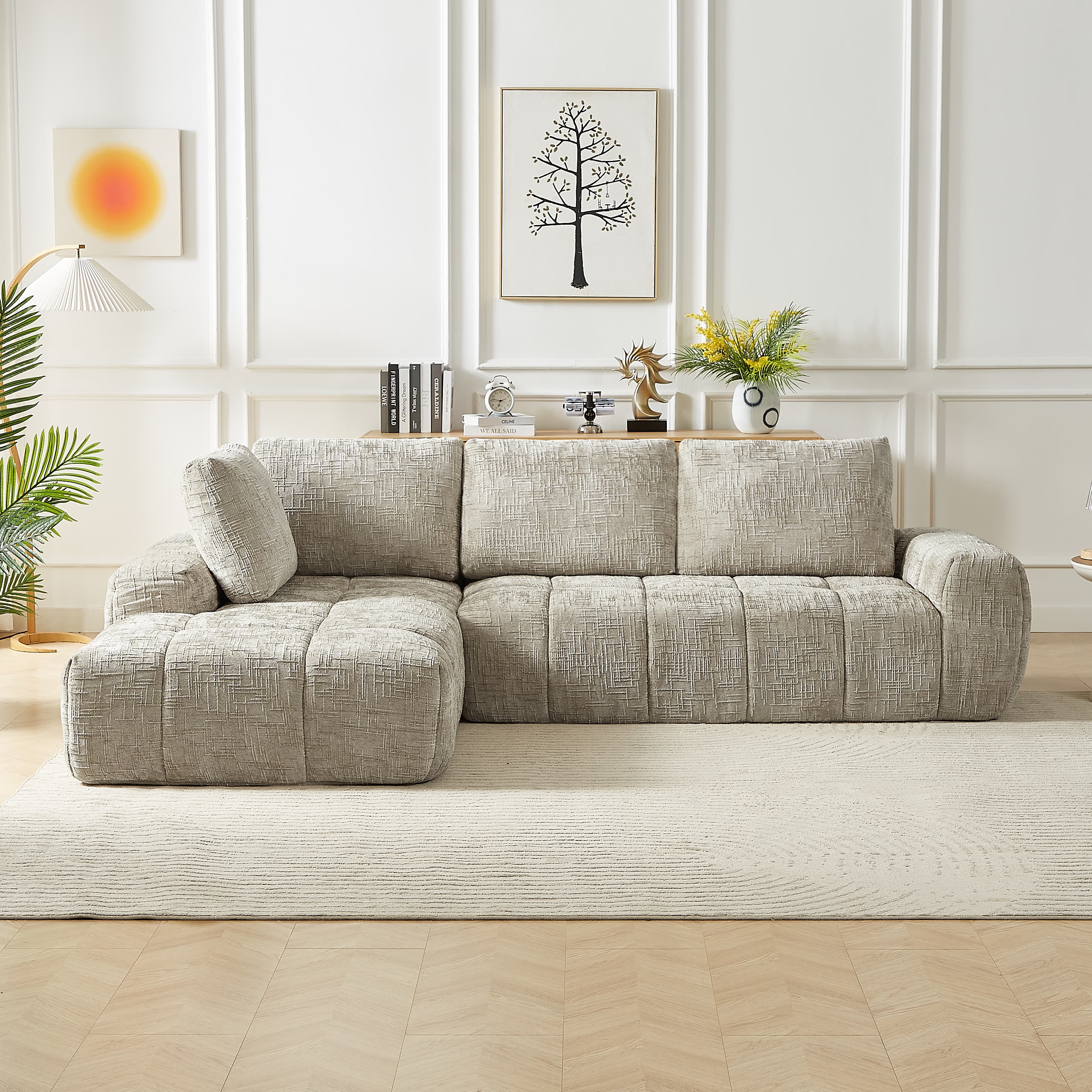 MAYEERTY Chenille L-Shape Oversized Sectional Sofa, Minimalist & Comfy Sleeper Couch for Living Room, 102×65" Khaki
