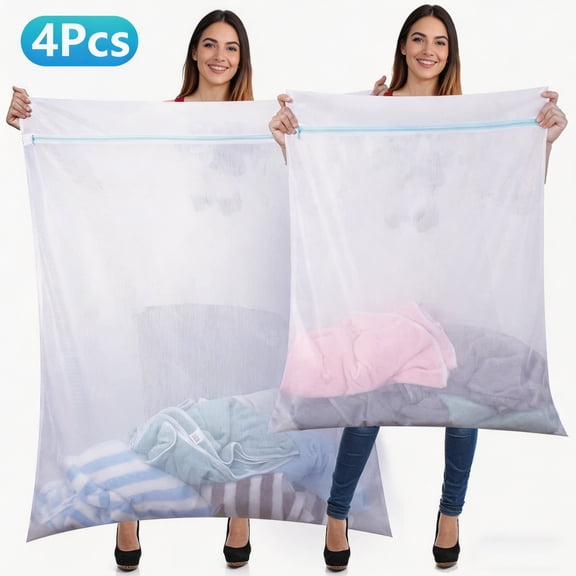 4 Pieces Jumbo Mesh Laundry Bags, 43 x 35 and 24 x 32 Inches Large Mesh Wash Bags Zippered Garment Bag for Washing Machine Garment Dirty Clothes Washer Dryer Net Protector