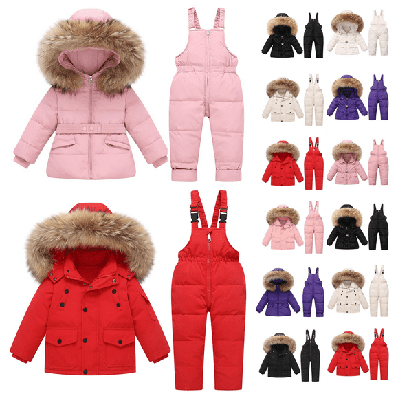 Jinhomg Toddler Boy Snowsuit Toddler Girl Winter Coat and Snow Bibs Pants Set Windproof Waterproof Hooded Ski Suit Kids 2 Piece Snow Set