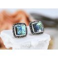 thumbnail image 4 of Vintage Abalone Shell Square Marcasite Frame Sterling Silver Post Earrings, 4 of 6