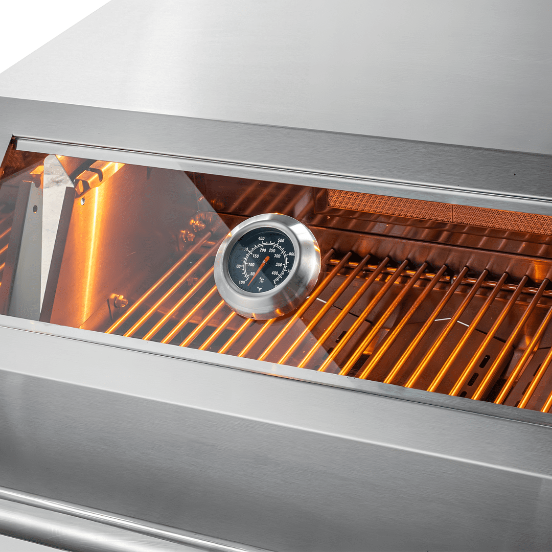 Chaleur Grill, Built in Gas Grill 28" Glass View 4-Burner Propane/Natural Gas with Rear Infrared Burner & Lights, 50,000 BTU, Stainless Steel