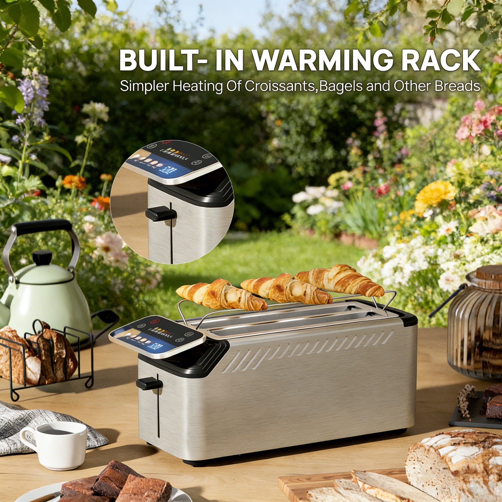 WHALLPRO 4 Slice Long Slot Toaster, Touch Screen with Projection Display,1.5" Wide Slots, 5 Bread Types & 11 Shade Settings