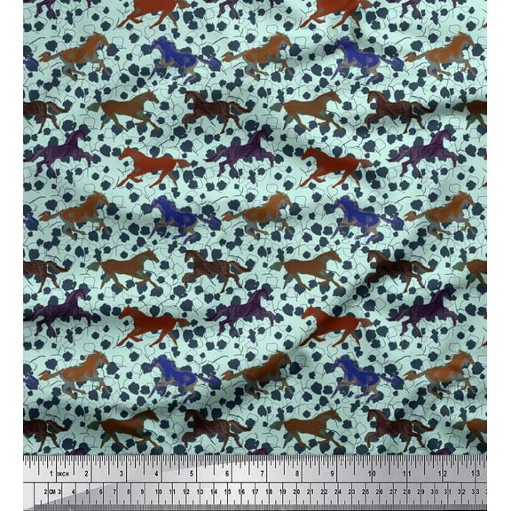 Soimoi Cotton Duck Fabric Leaves & Running Horse Animal Printed Craft Fabric by The Yard 42 Inch Wide