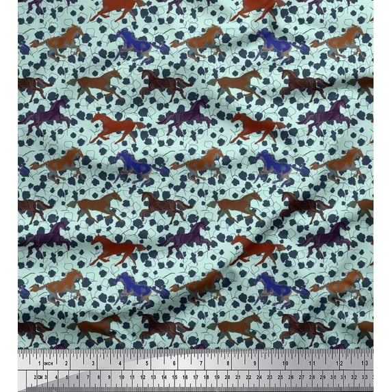 Soimoi Poly Georgette Fabric Leaves & Running Horse Animal Print Fabric by Yard 42 Inch Wide